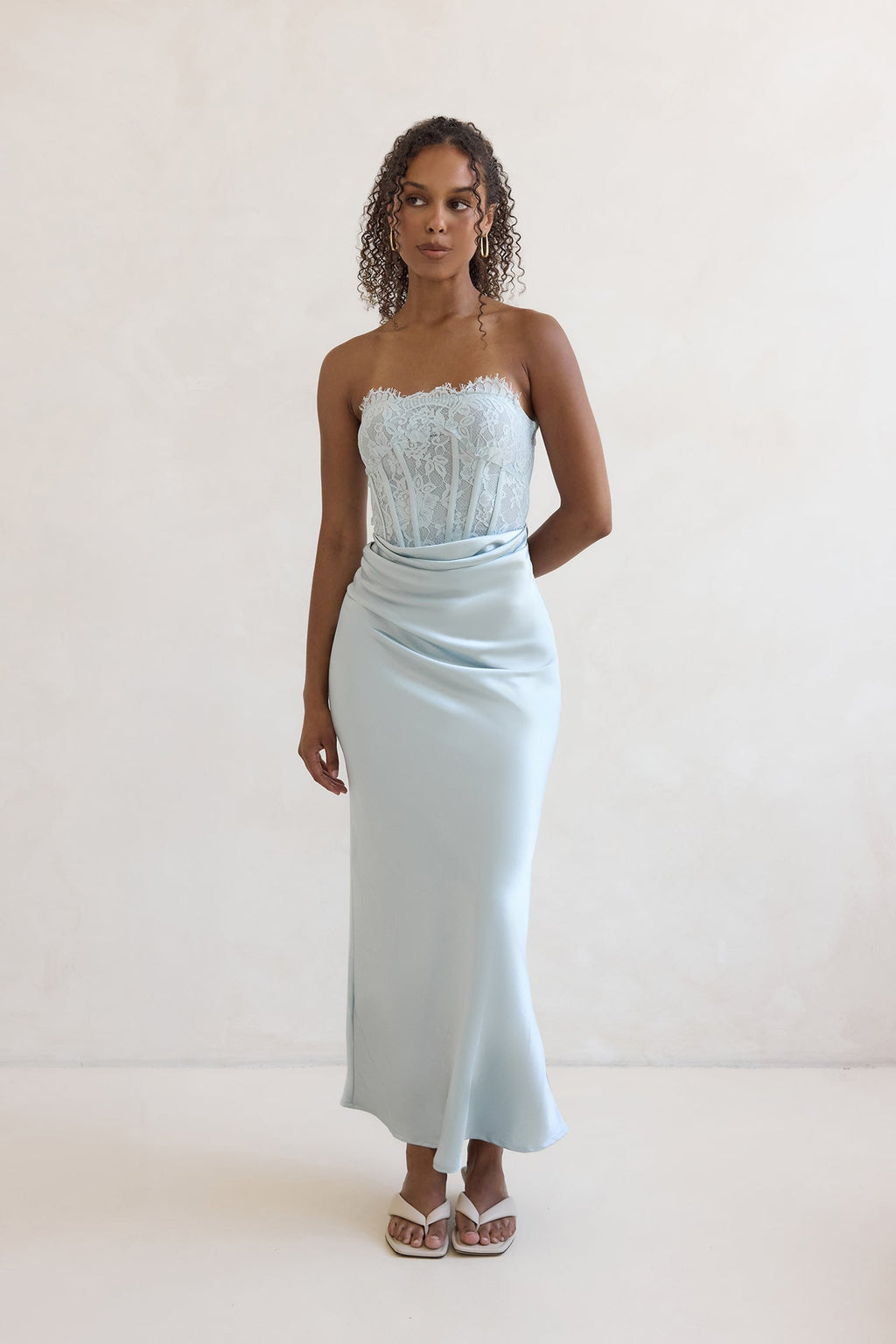 Away With You Satin Lace Strapless Maxi Dress Blue