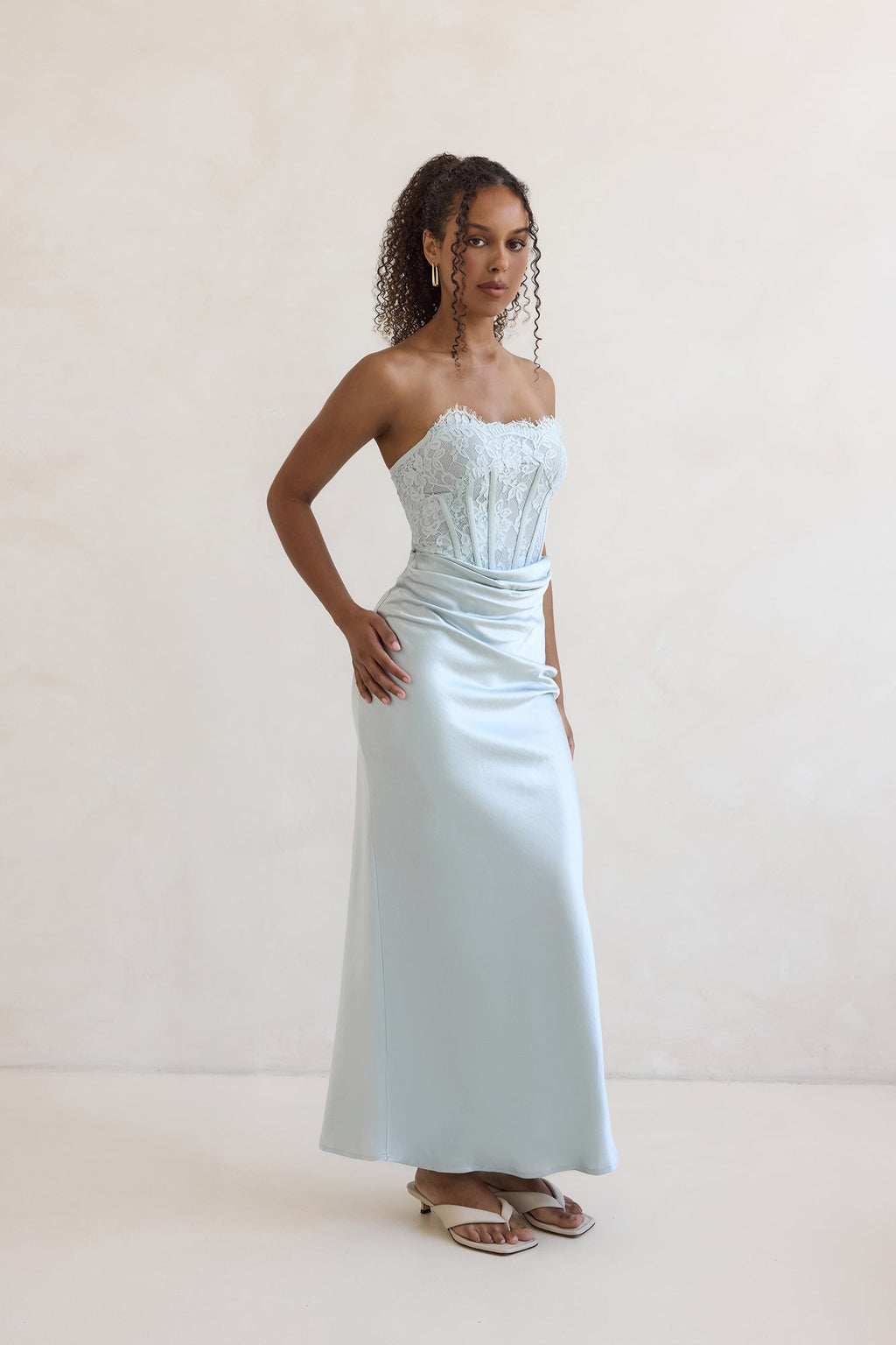 Away With You Satin Lace Strapless Maxi Dress Blue