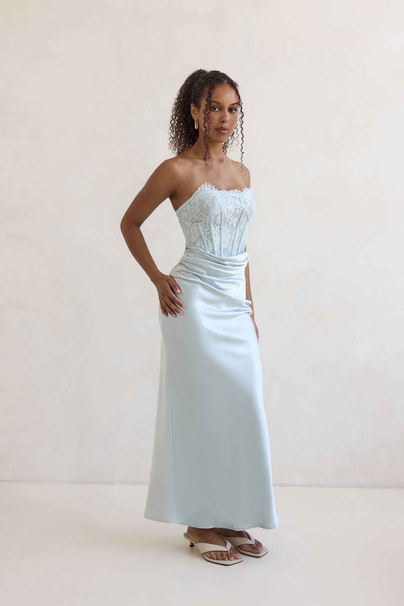 Away With You Satin Lace Strapless Maxi Dress Blue