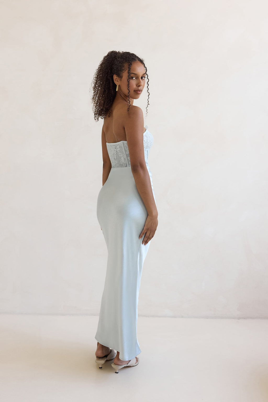 Away With You Satin Lace Strapless Maxi Dress Blue