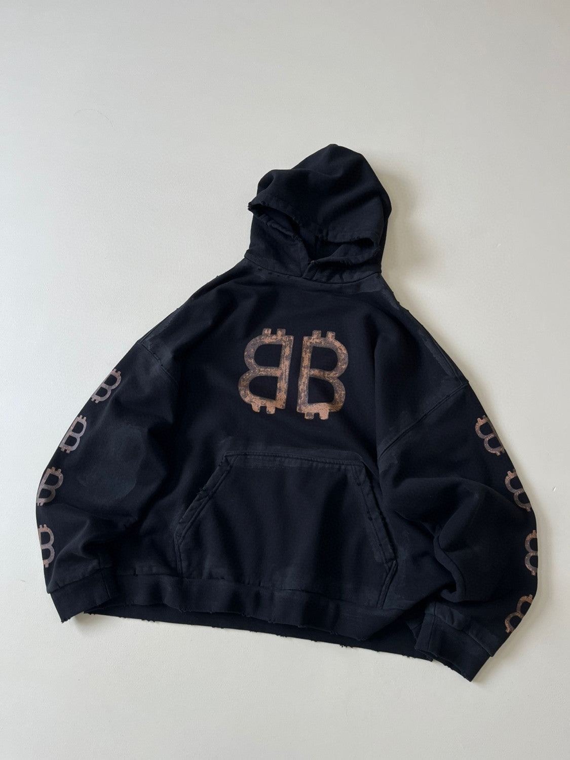 Balenciaga Men's Fall Monogrammed Aged Crypto Hoodie Medium Fit Black Faded Sweatshirt Pullover #97131
