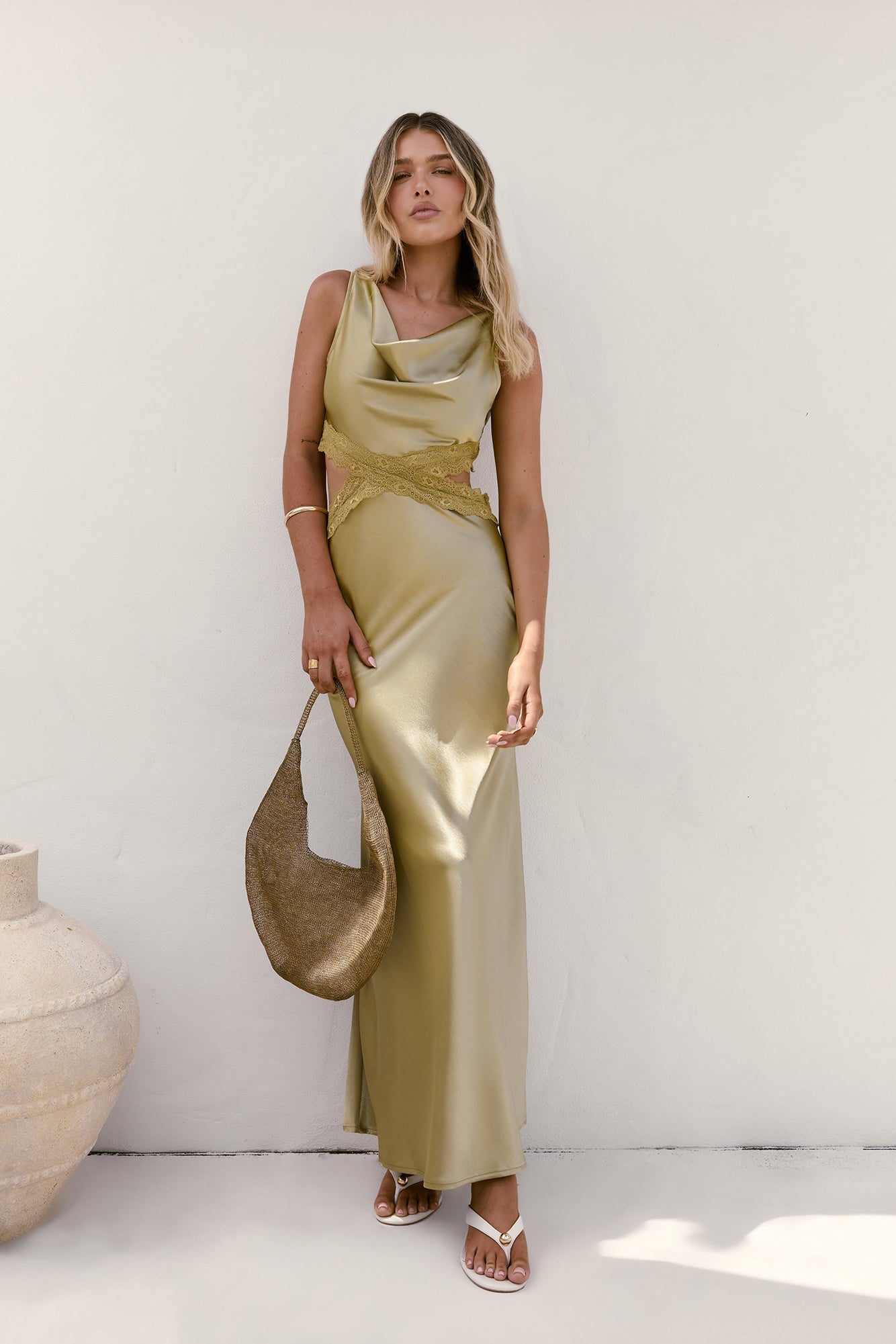 City Silhouettes Satin Maxi Dress Olive