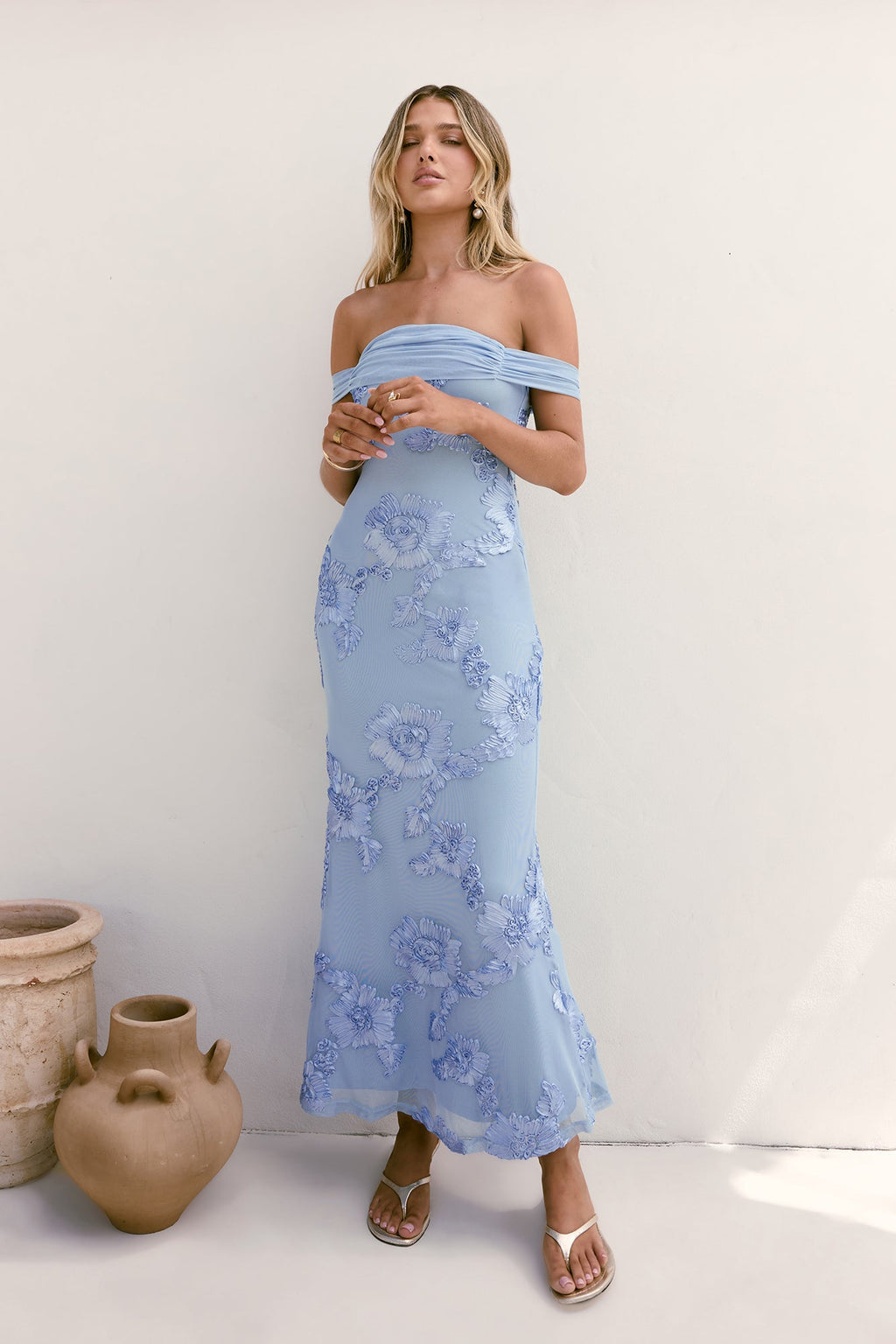 Day After Day Off Shoulder Maxi Dress Blue