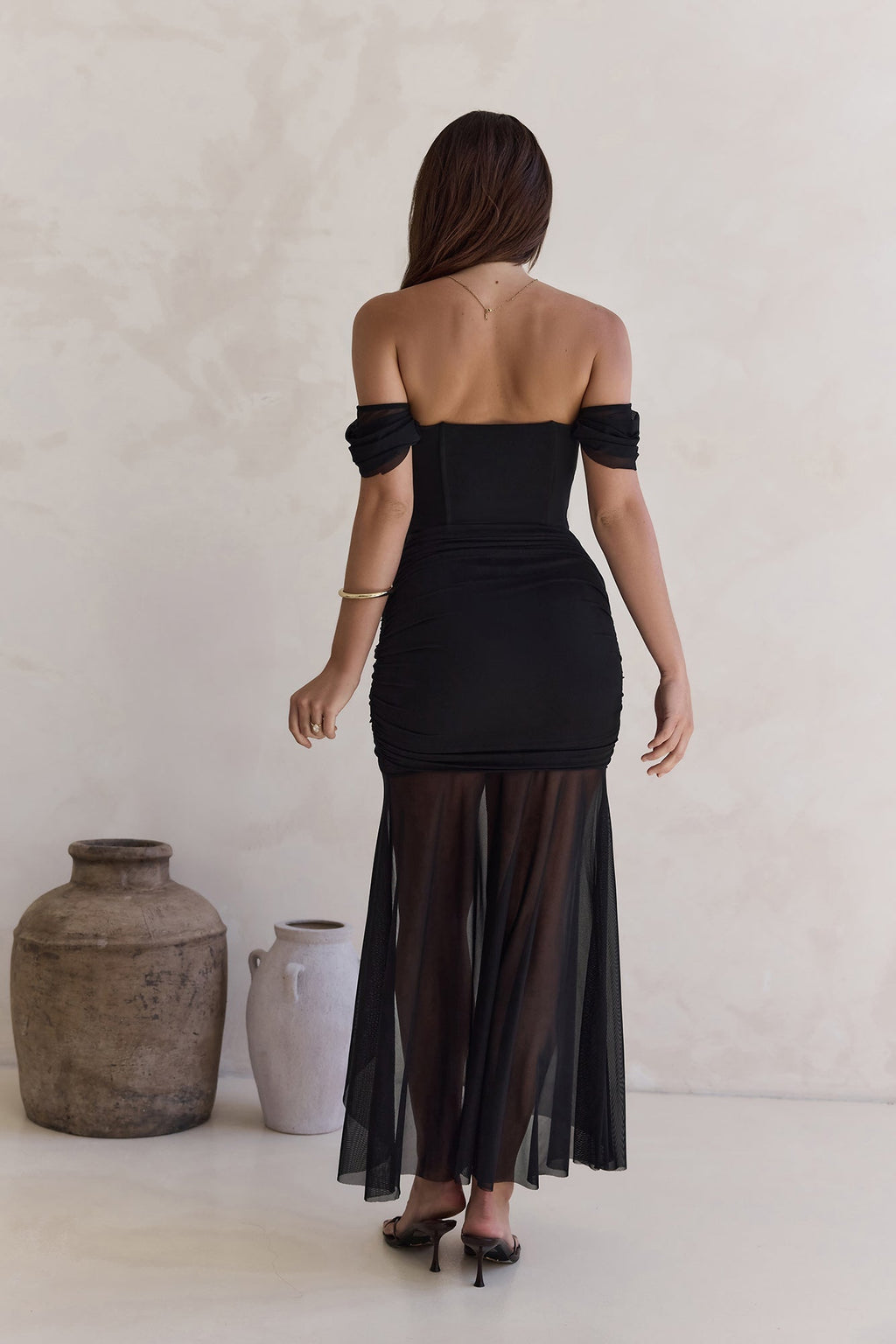 Soft Shadows Off Shoulder Mesh Maxi Dress Black
