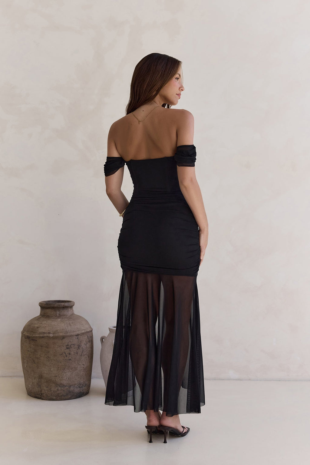 Soft Shadows Off Shoulder Mesh Maxi Dress Black