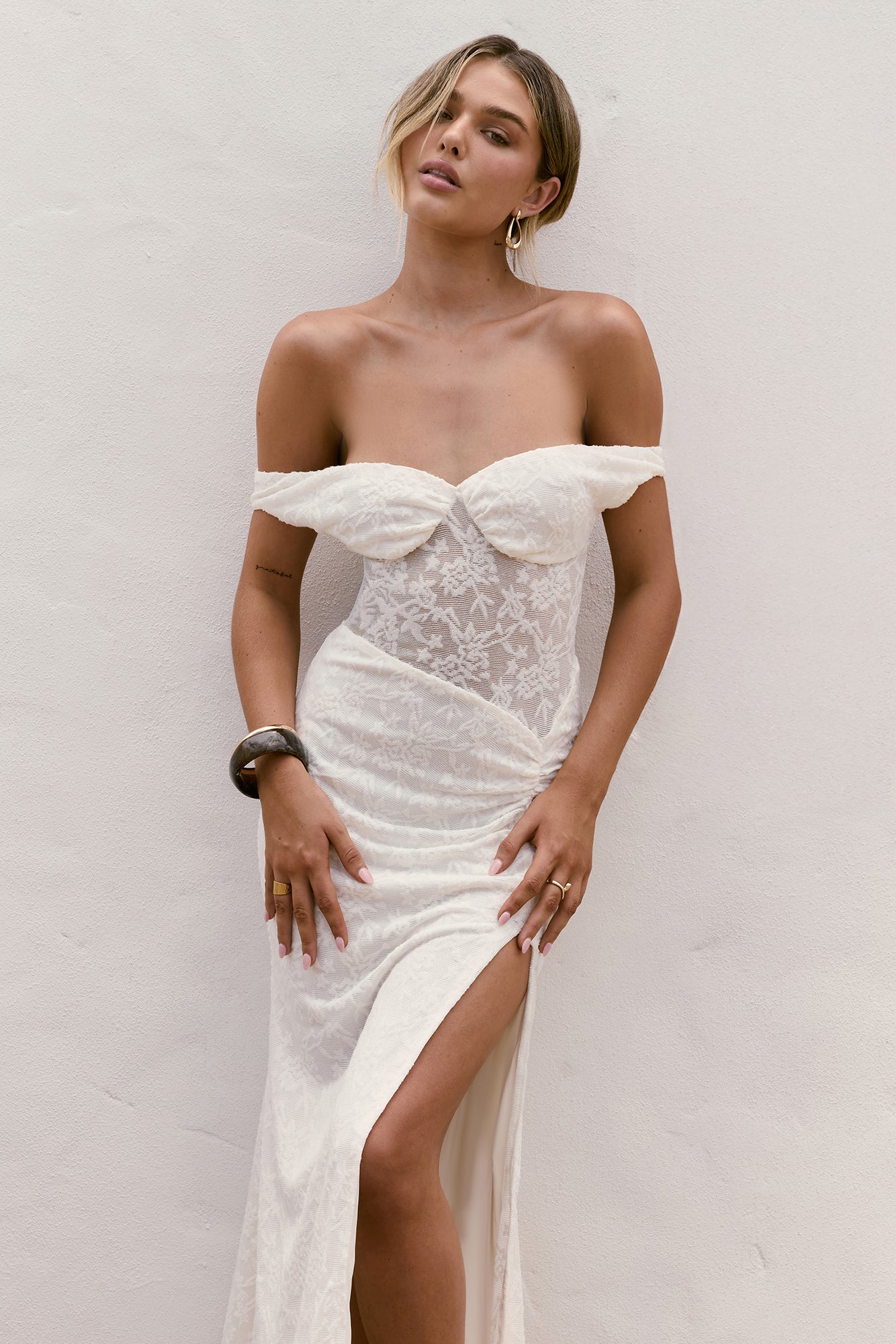Soft Smiles Off Shoulder Lace Maxi Dress White
