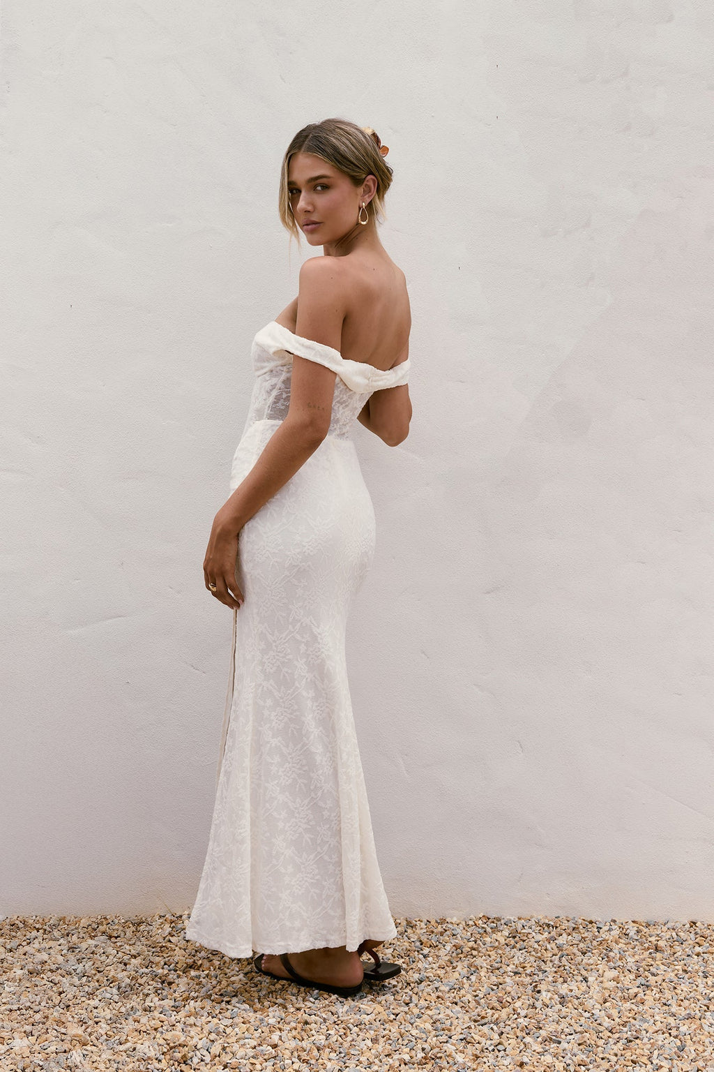 Soft Smiles Off Shoulder Lace Maxi Dress White