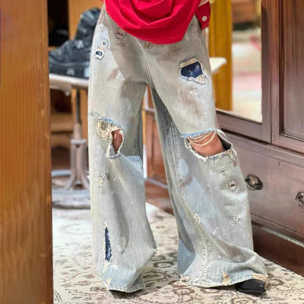 Vetements Men's Four Season Mid Rise Solid Color Distressed Holes Jeans Casual Cotton Loose Wide Leg Pants Ngvp #1211