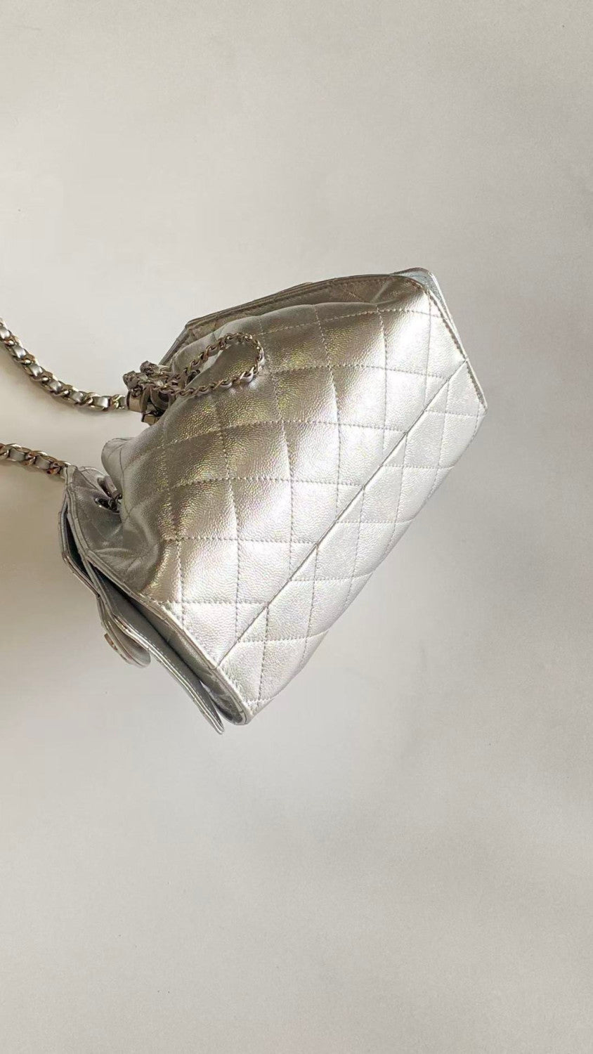 Chanel 25 Women's Mini Handbag Metallic Grained Embossed Calfskin And Silver Metal Silver #332929