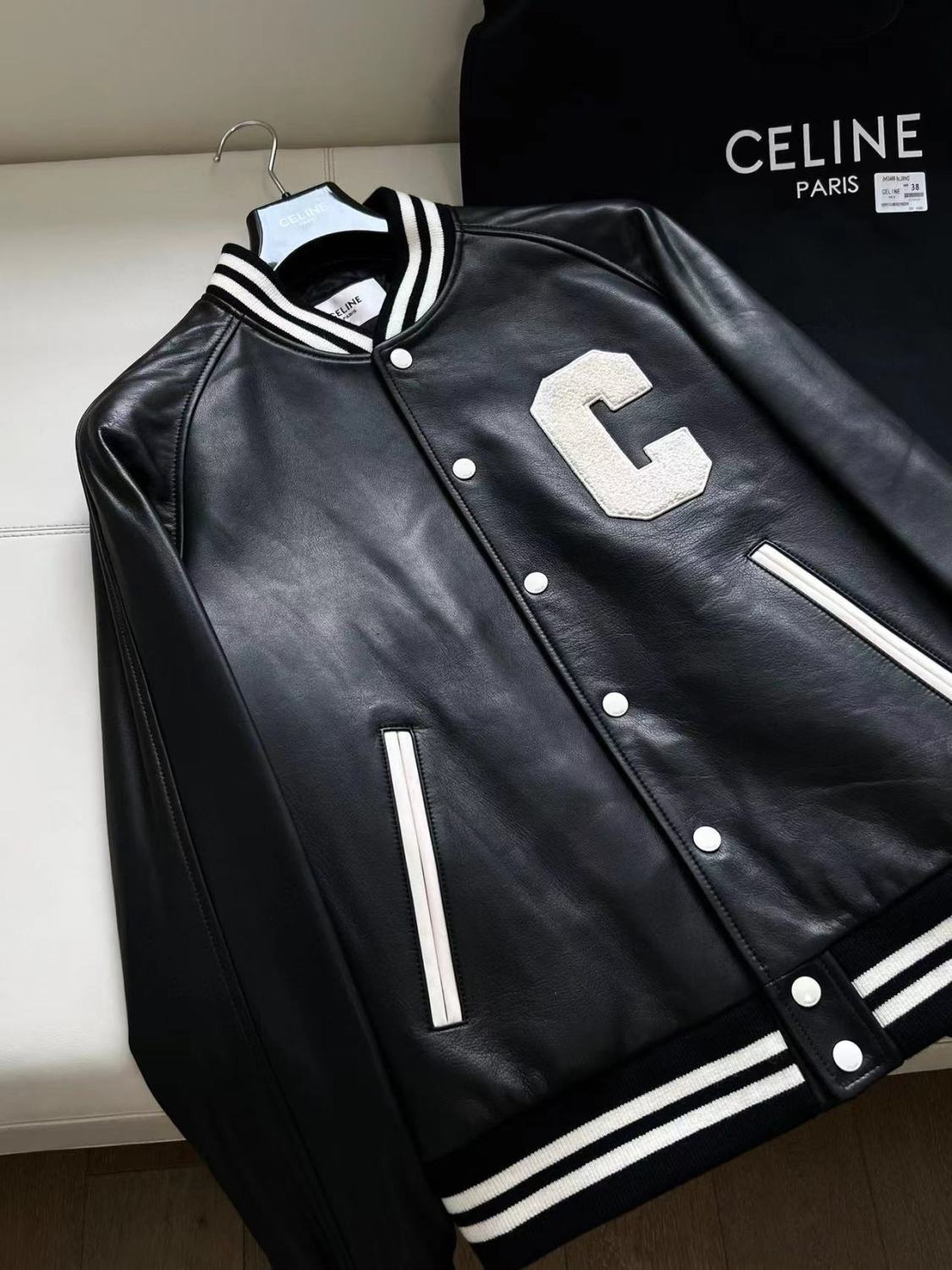 Celine Men's Fall And Winter Black And White Striped Monogrammed Labeled Single Breasted Leather Jacket #98457