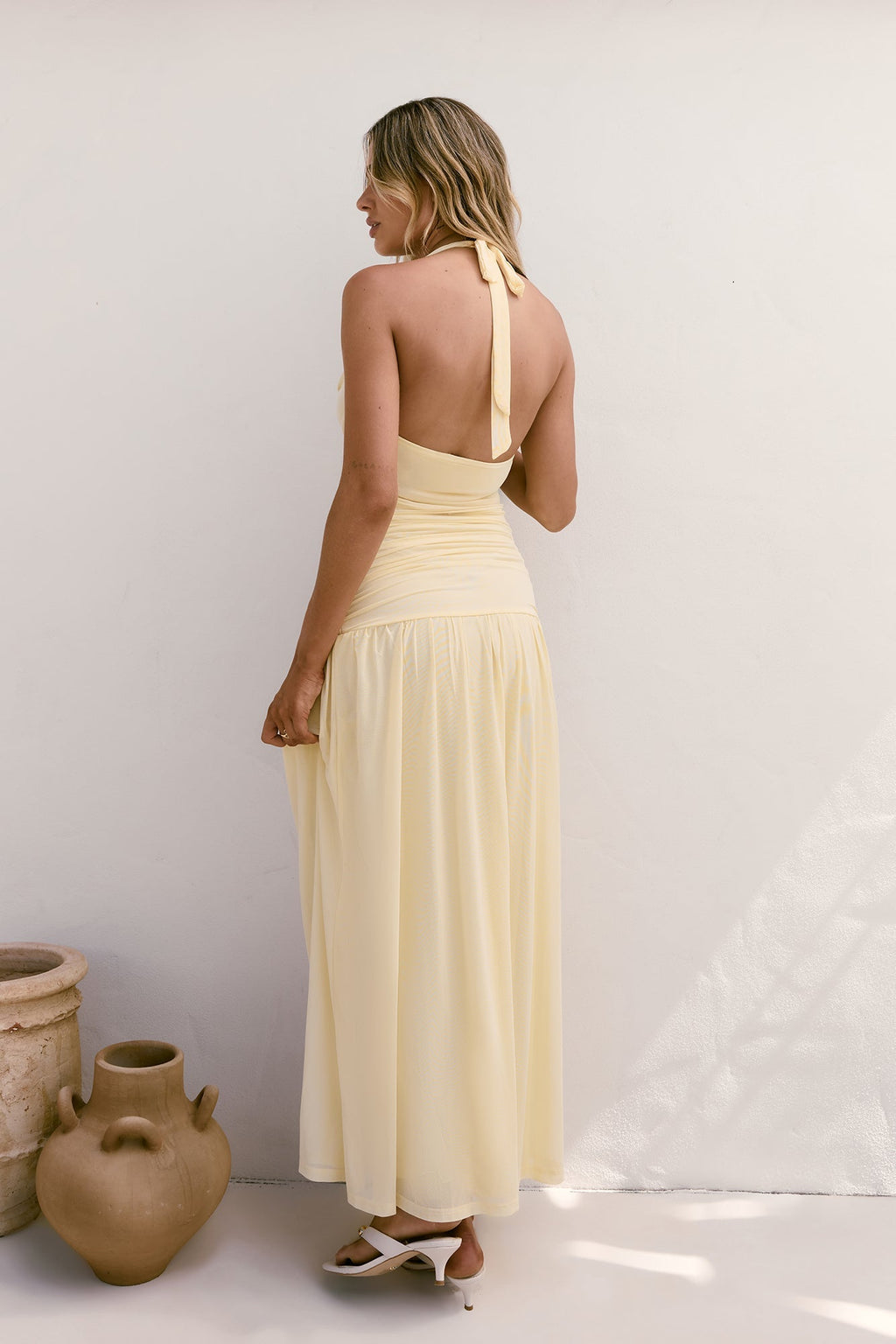 Dancing Skies Mesh Halter Maxi Dress Yellow