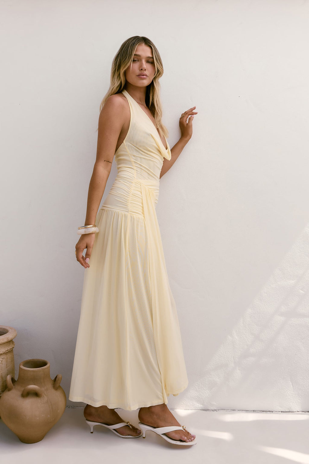 Dancing Skies Mesh Halter Maxi Dress Yellow