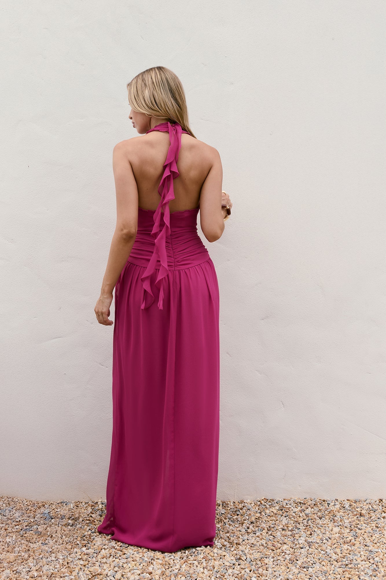 Sea Glass Nights Halter Maxi Dress Fuchsia