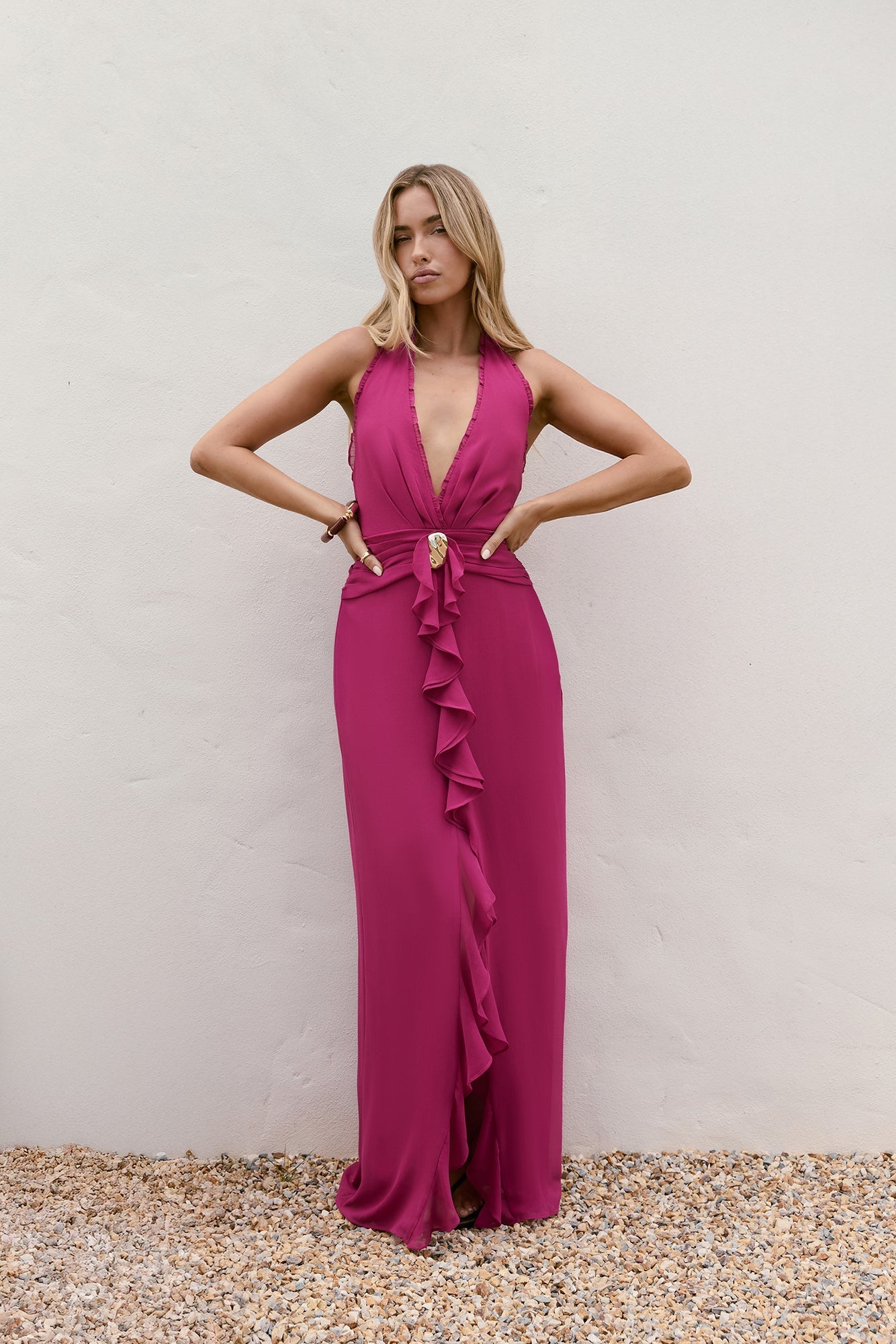 Sea Glass Nights Halter Maxi Dress Fuchsia