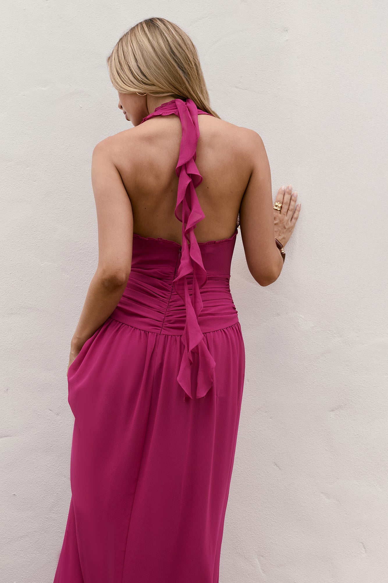 Sea Glass Nights Halter Maxi Dress Fuchsia