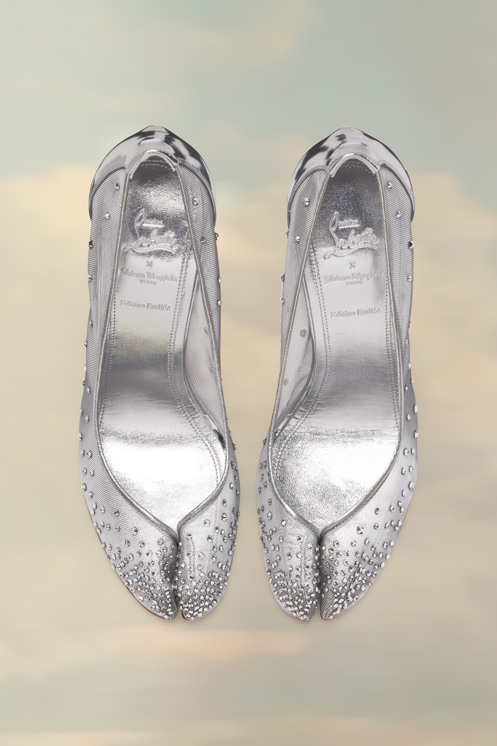 Christian Louboutin X Maison Margiela Women's Bridiela Una Strass High Heels Spring Summer Autumn Round Toe Calfskin Pure Color Split Toe Fine Heel 10cm High Heeled Single Shoes Ngvp #1546
