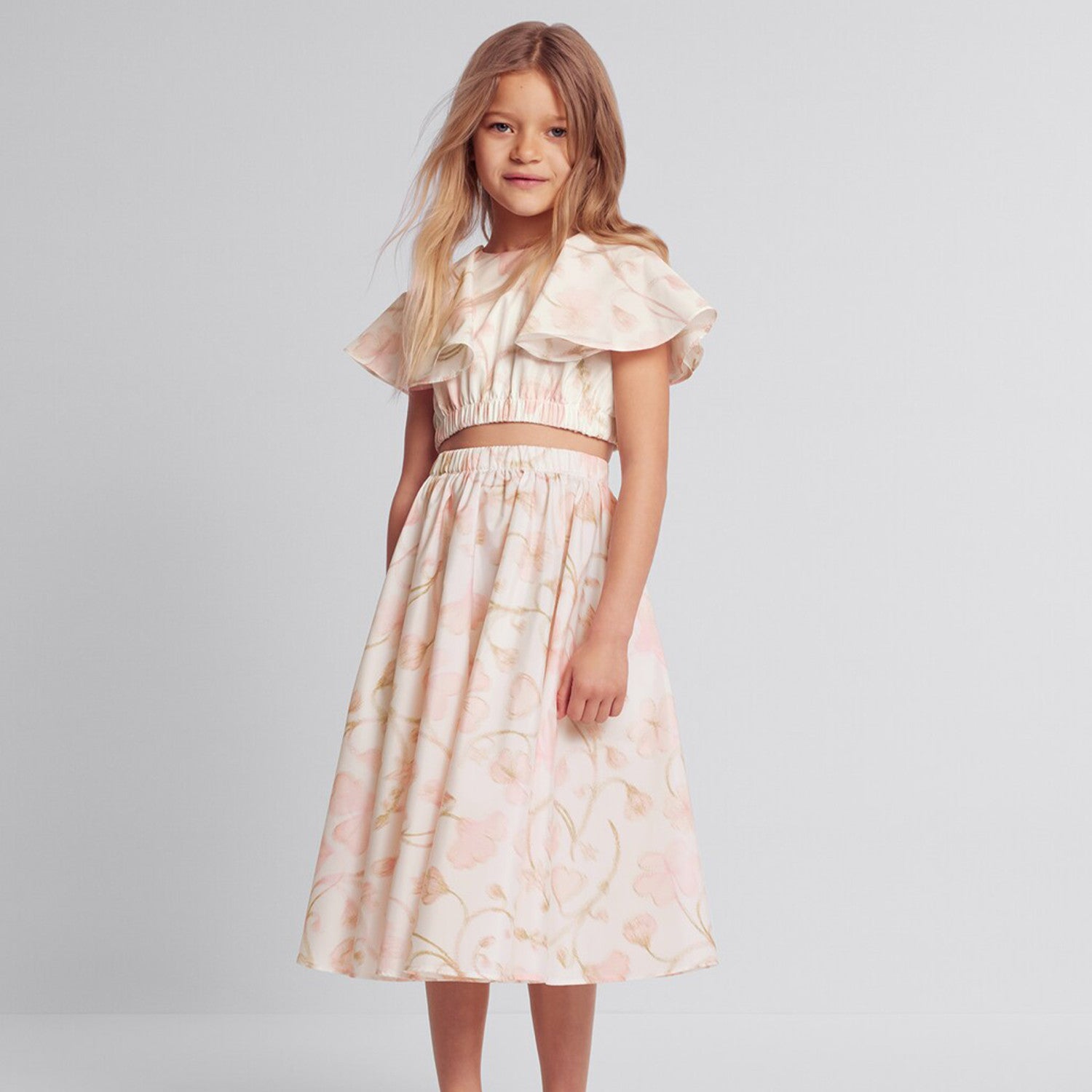 Dior Kid's Summer Floral Print Short Chiffon Top Casual Long Half-body Skirt Set #31315