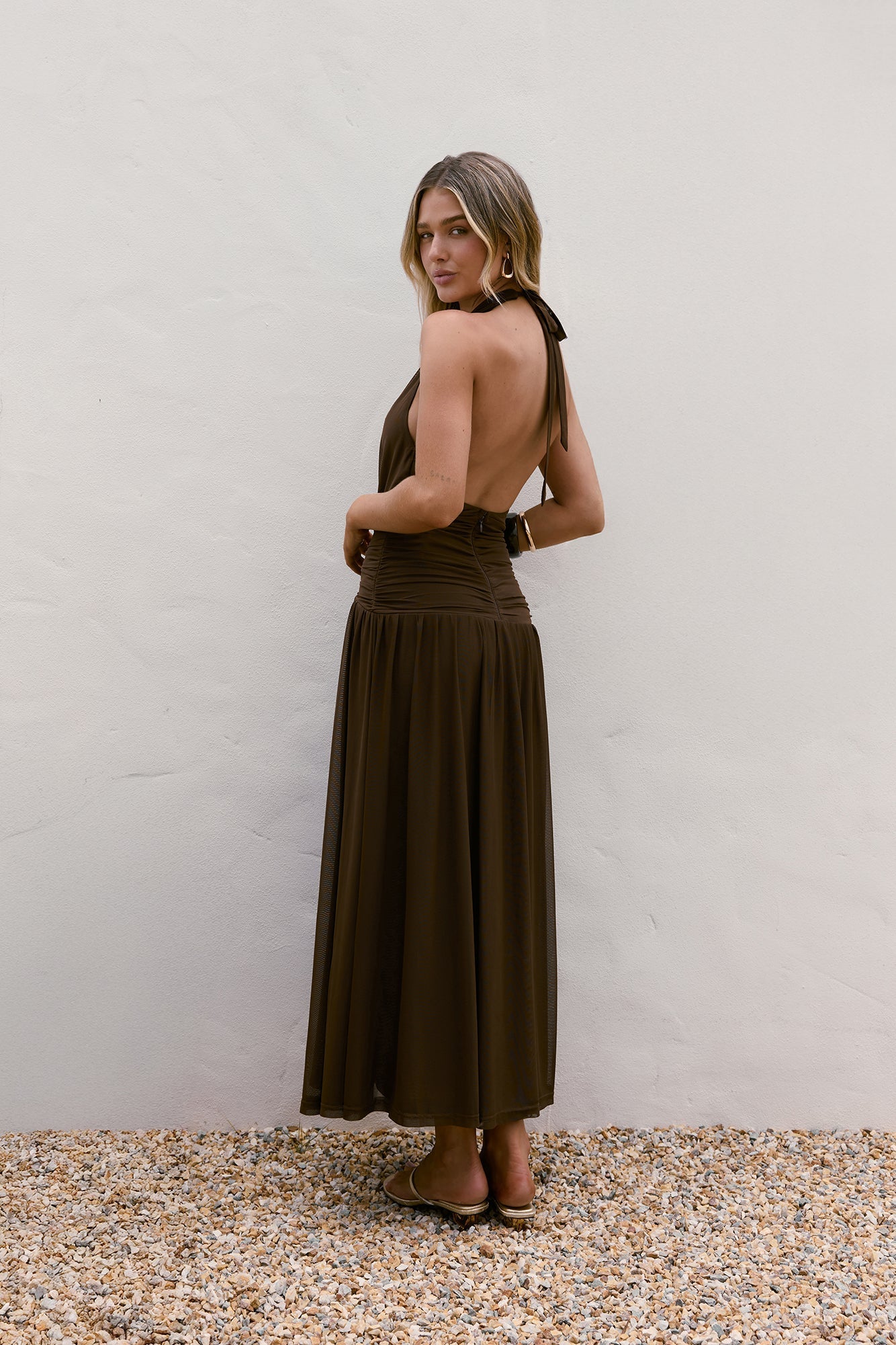Robin Mesh Halter Maxi Dress Brown