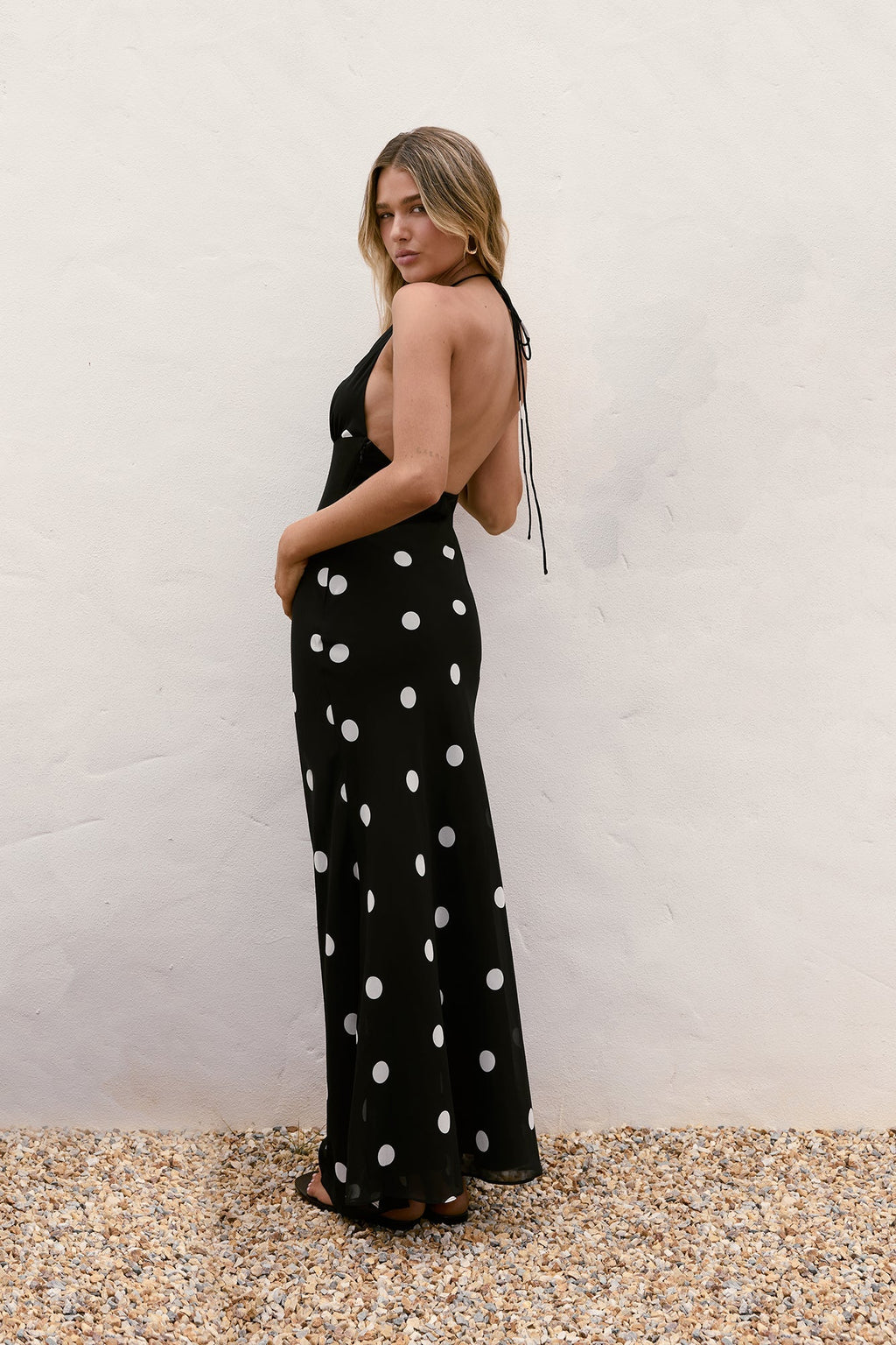 Dancing Stars Polka Dot Halter Maxi Dress Black