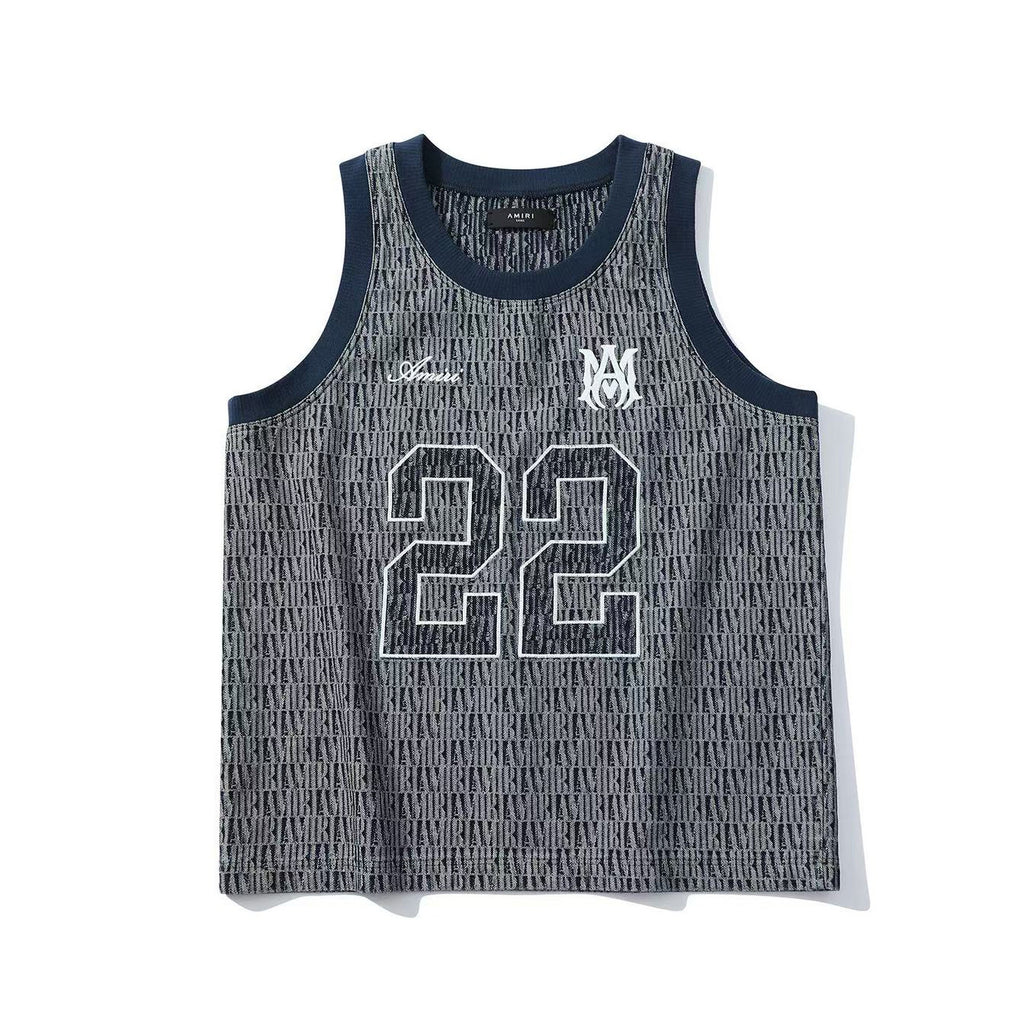 Amiri Men's Summer Blue Denim Jacquard Fabric Crew Neck Sleeveless T-Shirt #77699