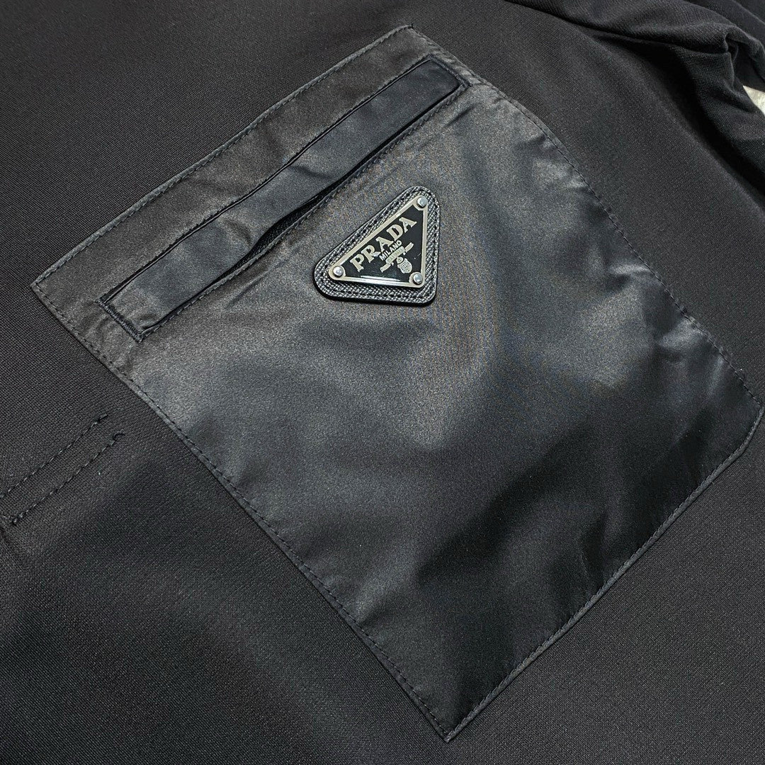 Prada Men's Summer Black Triangle Label Pocket Polo Neck Cotton Short Sleeve T-Shirt #74815