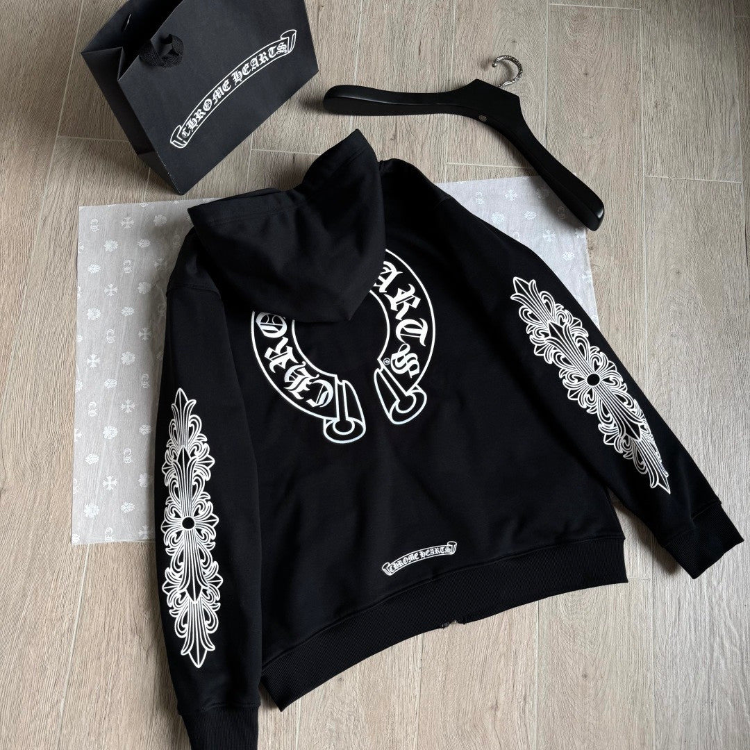 Chrome Hearts 925 Sterling Silver Hardware Classic Horseshoe Flower Arm Zipper Sweatshirt #333189