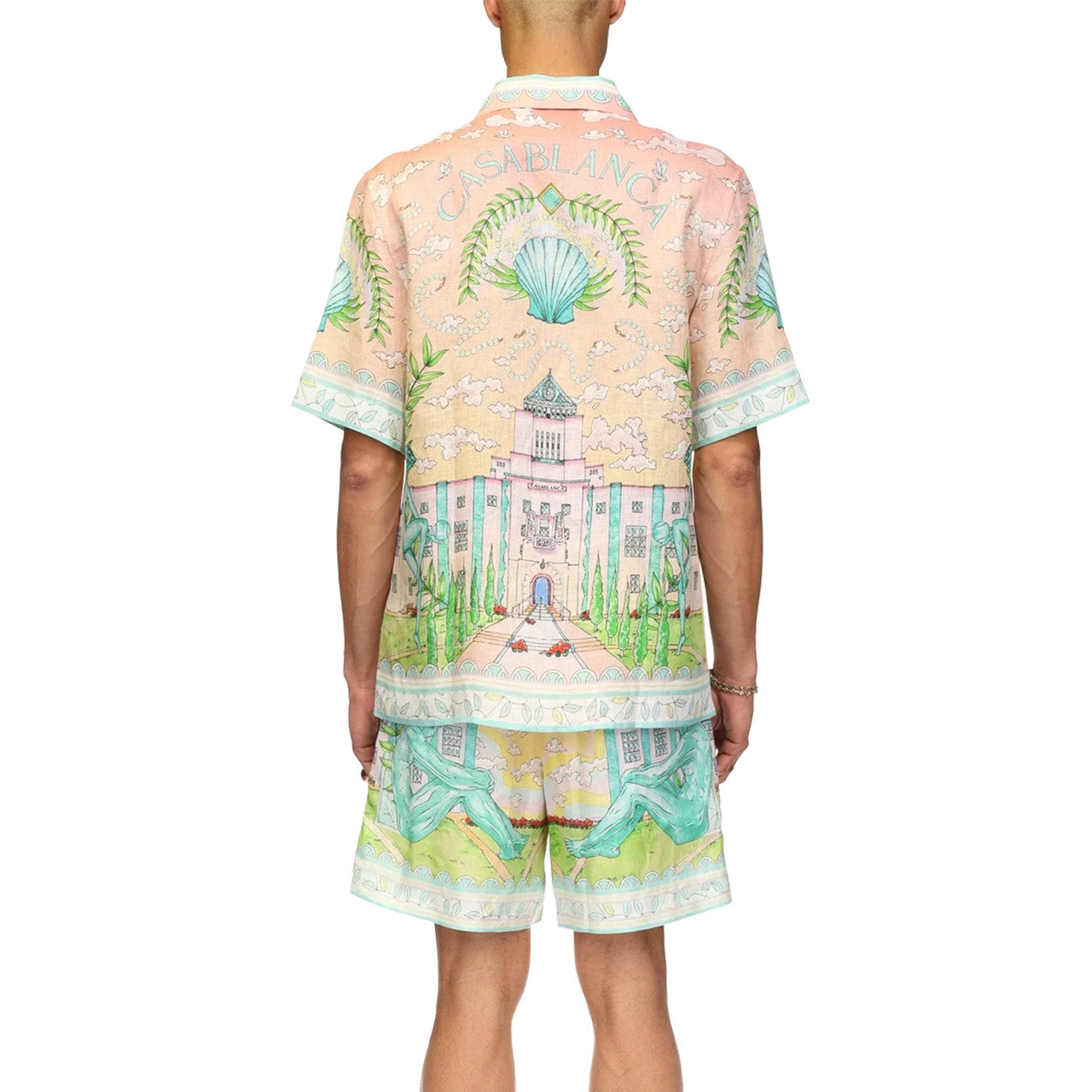 Casablanca Men's Women's Spring And Autumn Vase Print Lapel Single-Breasted Short-Sleeved Linen Shirt Casual Elastic Waist Loose Shorts Ngvp #9386