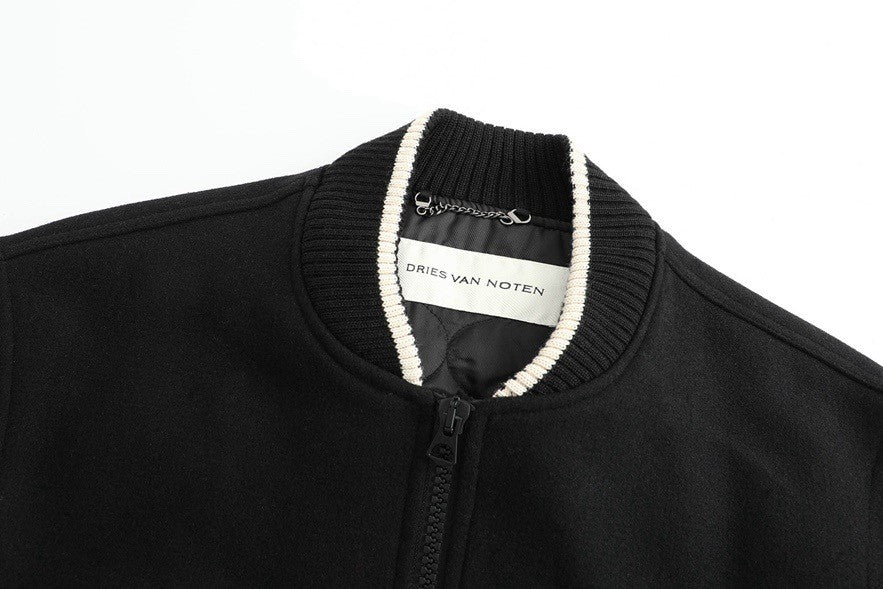Dries Van Noten Men's Spring And Autumn Striped Zipper Casual Loose Wool Jacket Black Long Sleeved Round Neck Jacket Ngvp #7288