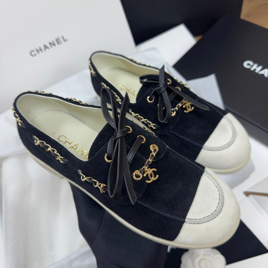 Chanel Moccasins Suede Calfskin Black Light Gray #336618