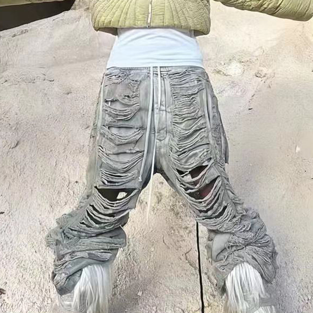 Rick Owens DRKSHDW Men's And Women's Fall And Winter Fashion High Street Broken Hole Jeans Trend Do Old Wide-leg Pants Ngvp #7657