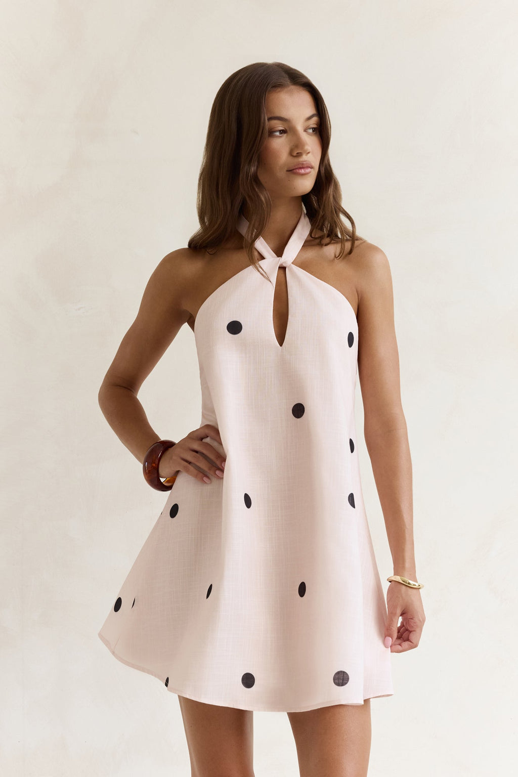 Faith In You Polka Dot Halter Mini Dress Beige