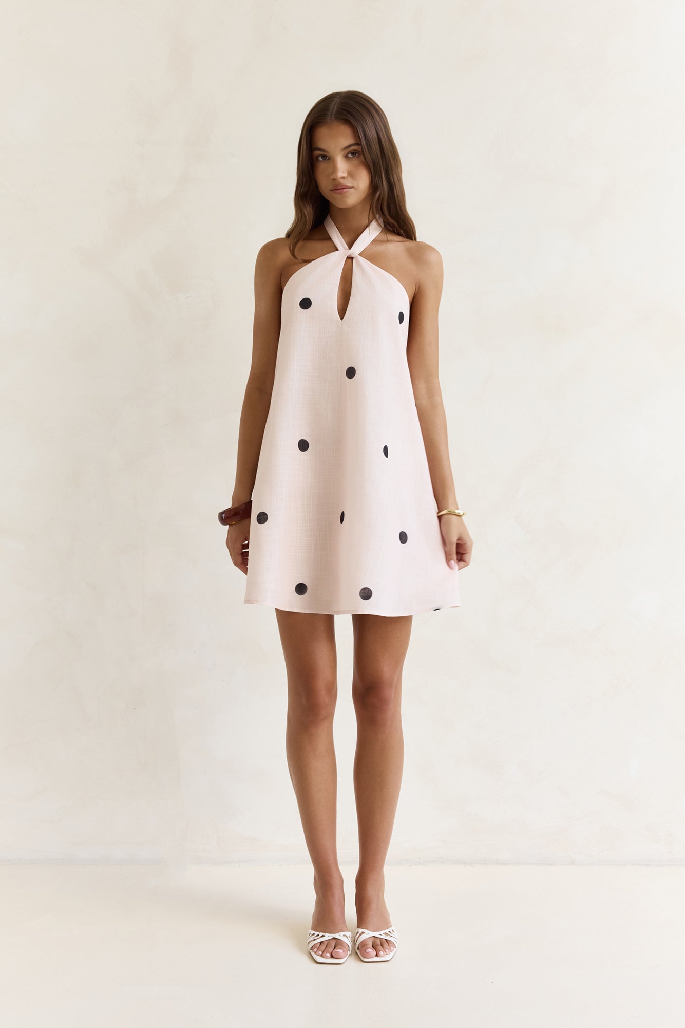 Faith In You Polka Dot Halter Mini Dress Beige