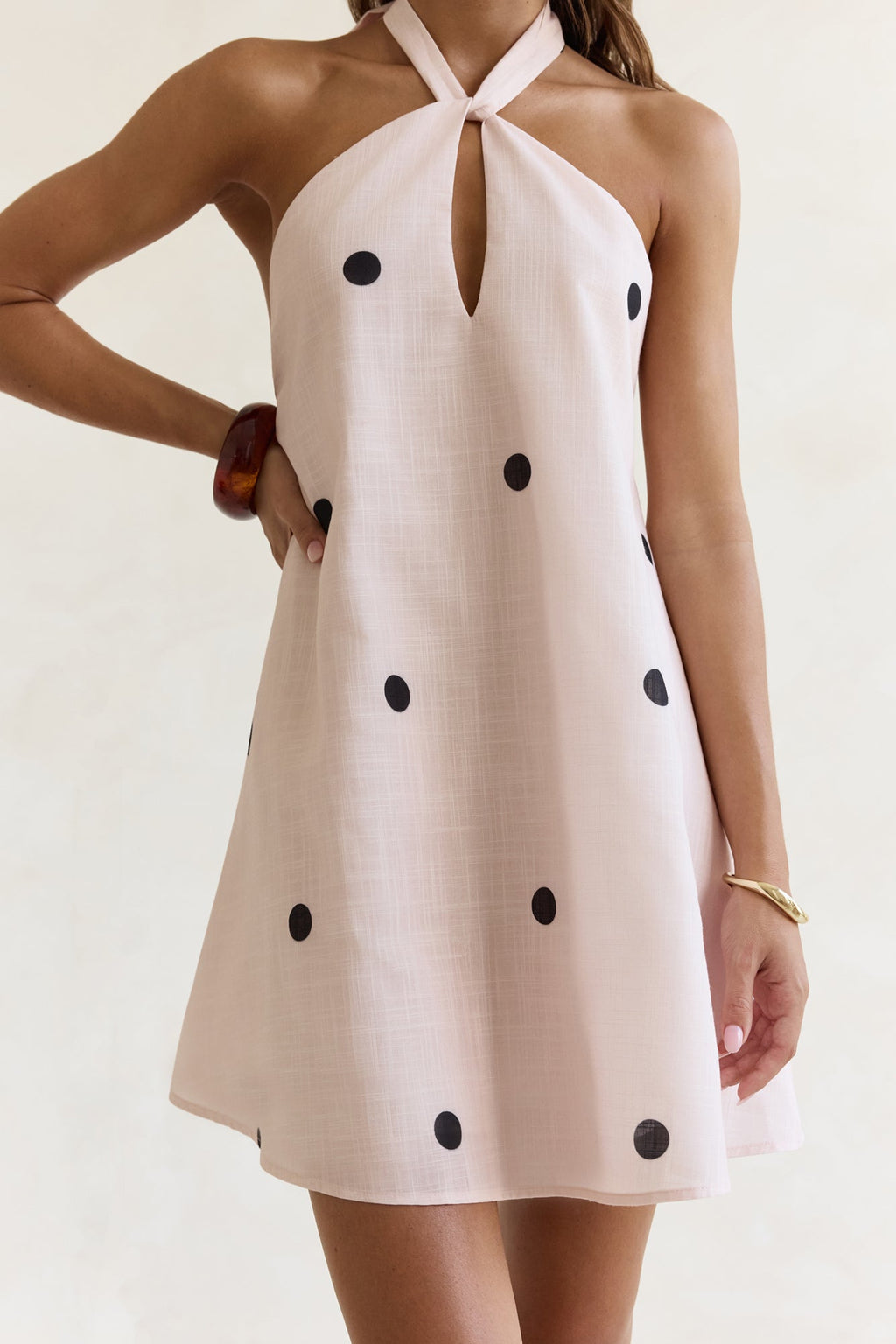 Faith In You Polka Dot Halter Mini Dress Beige