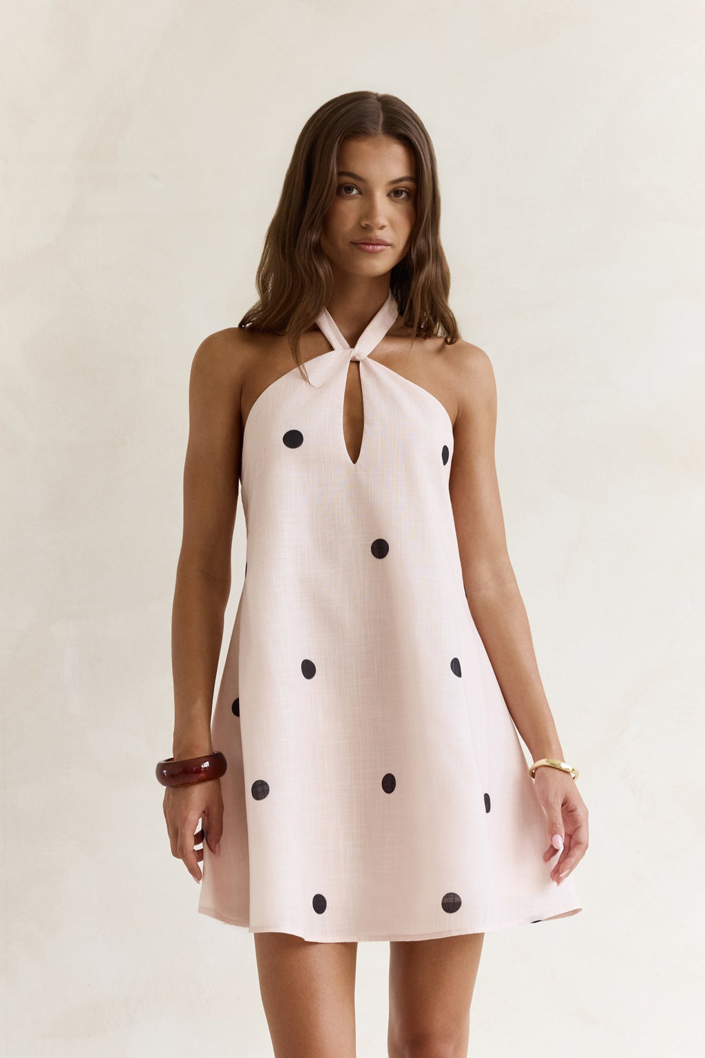Faith In You Polka Dot Halter Mini Dress Beige