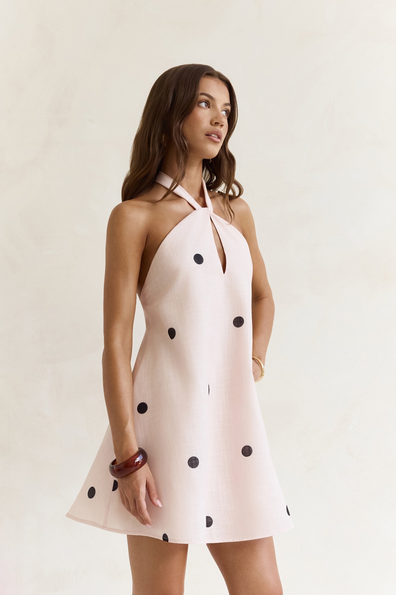 Faith In You Polka Dot Halter Mini Dress Beige