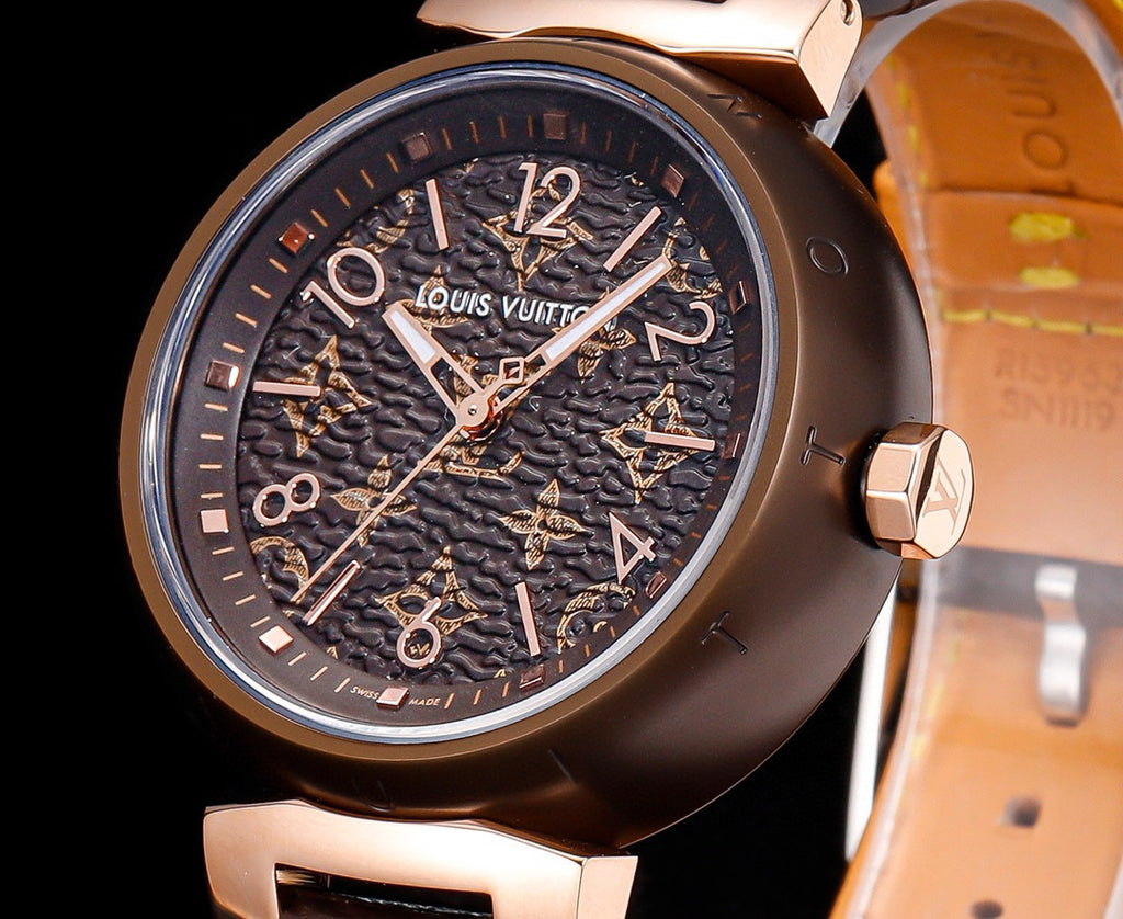 Louis Vuitton Tambour Monogram Watch Quartz Movement Canvas Strap 34mm Tan Dial 100m Water Resistant #98642