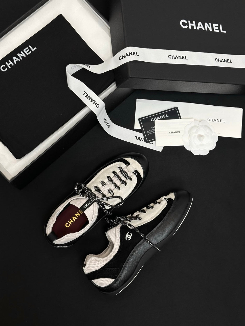 CHANEL Sneakers Velvet Calfskin Mixed Fibers Black White #386505