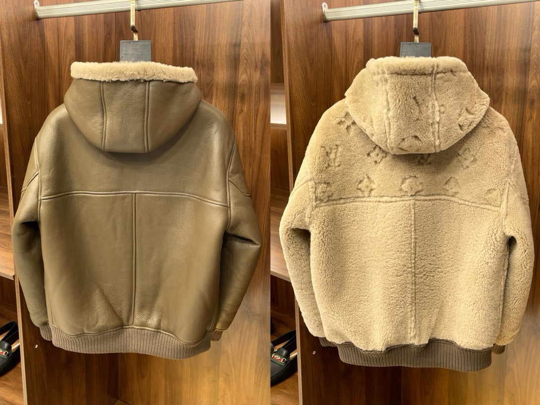 Louis Vuitton Men's Winter Reversible Shearling Hooded Blouson Zip Long Sleeve Jacket #97639