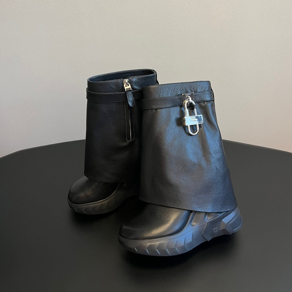 Givenchy Women's Fall/winter Fashion Classic Solid Color Round Toe Calfskin Mid Calf Boots With Thick Soles And Grain Leather Texture Shoes #79256