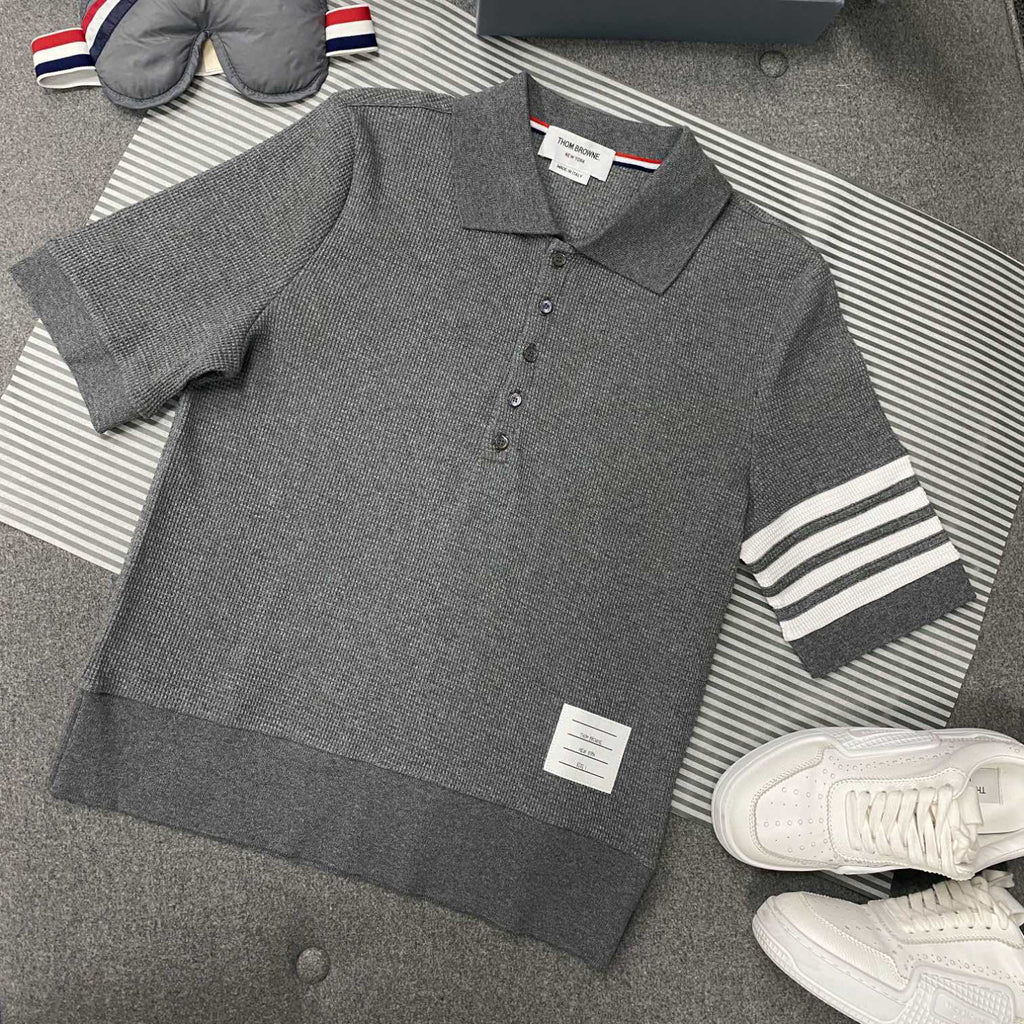 Thom Browne Men's Summer Solid Color Striped Cotton Polo Shirt Short Sleeve T-Shirt #99912