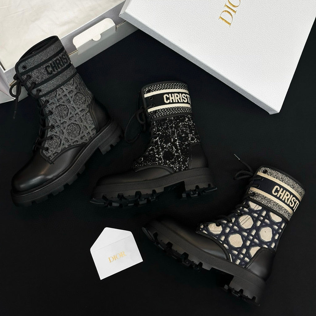 Dior Women's Autumn/Winter Fashion Casual Round Toe Lace Up Leather Light Sole Embroidered Lace Up Martin Boots Shoes #78289