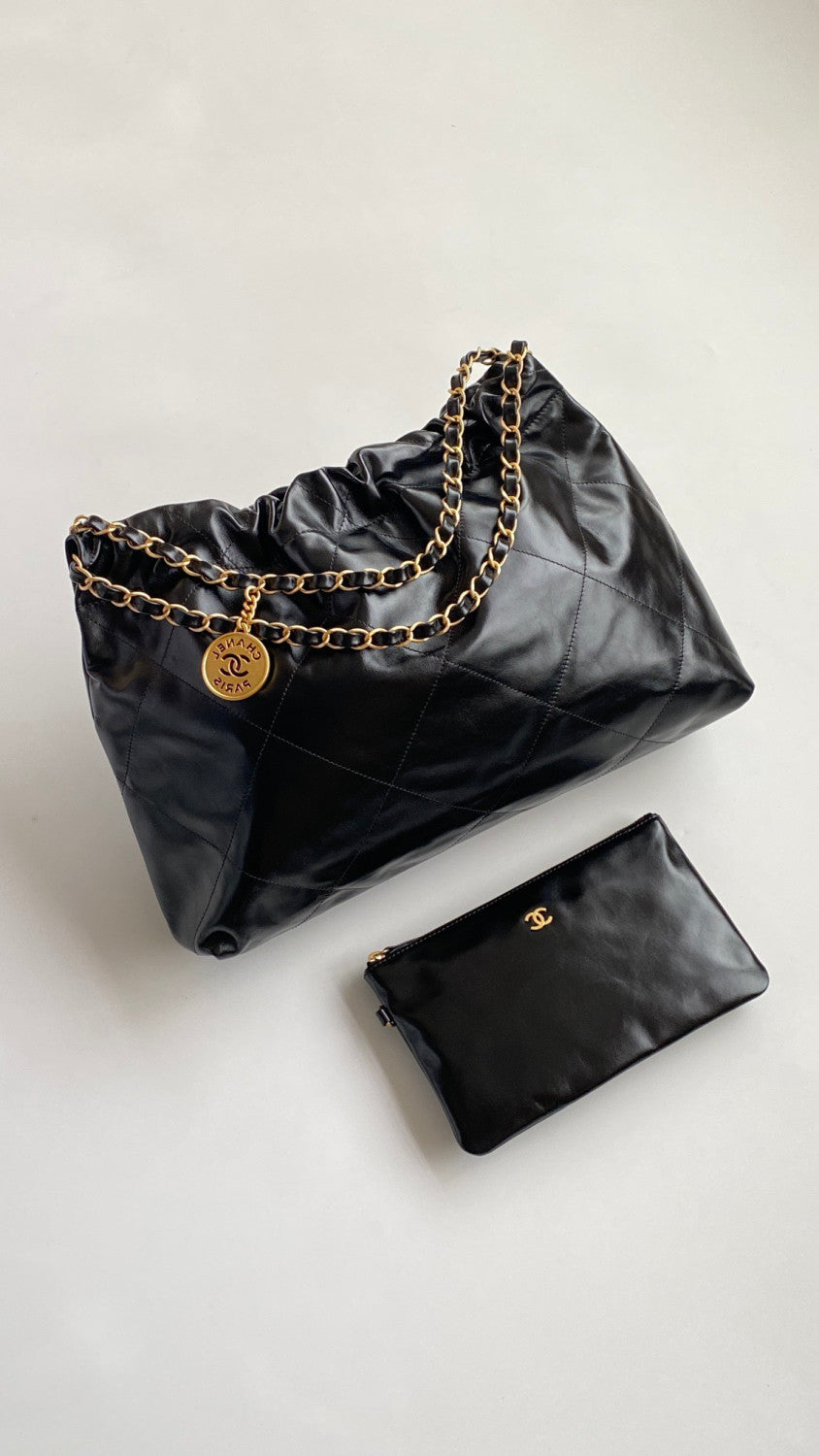 Chanel Maxi Shopping Bag Shint Calfskin Glold Tone Metal Black #335960