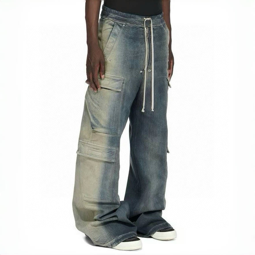 Rick Owens Men's Spring And Summer High Street Trend Gradient Pocket Denim Pants Retro Fashion Trend Loose Pants Ngvp #1743