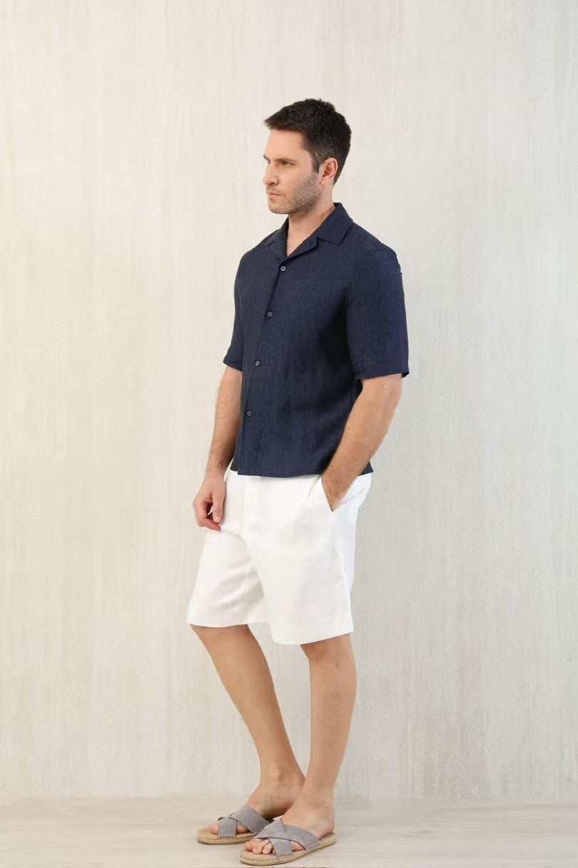 Brunello Cucinelli Men's Linen Loose Summer Single-Breasted Solid Color Lapel Short Sleeve Shirt Ngvp #1454