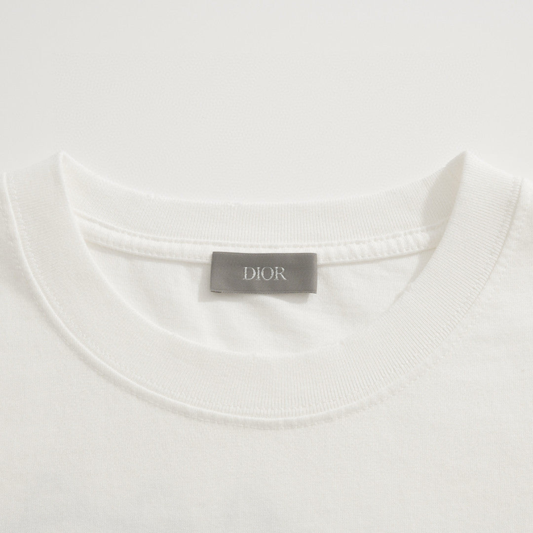 Dior Men's Summer Solid Color Floral Pattern Letter Print Round Neck Cotton Short Sleeve T-Shirt #76577