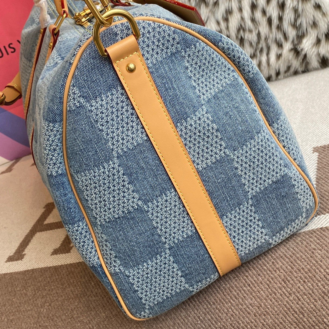 Louis Vuitton Keepall Bandoulière 50 Men's and Women's Detachable Adjustable Shoulder Strap Zipper Closure Denim Step Shoulder Tote Travel Bag Bags #75562