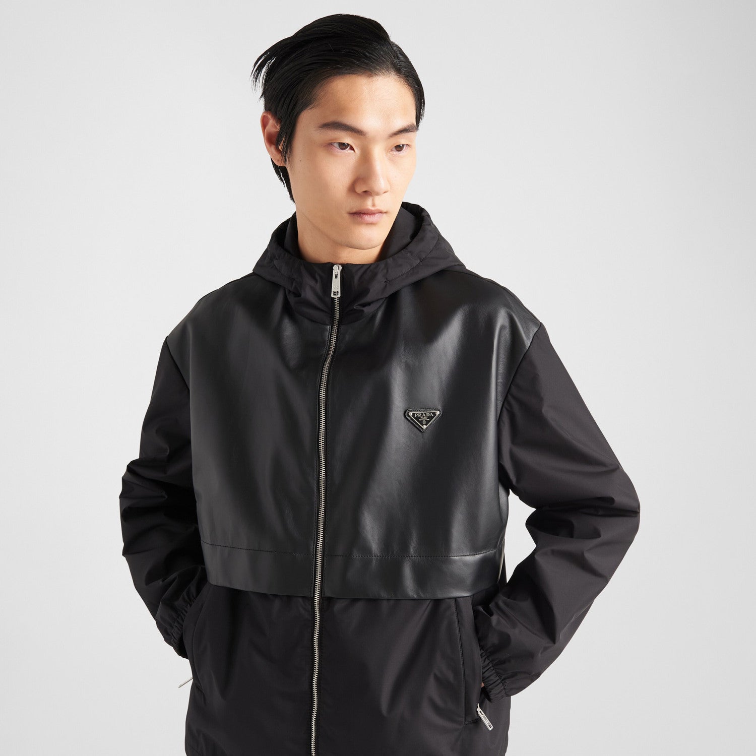 Prada Men's Spring and Fall Black Logo Patchwork High Collar Zipper Jacket #73282