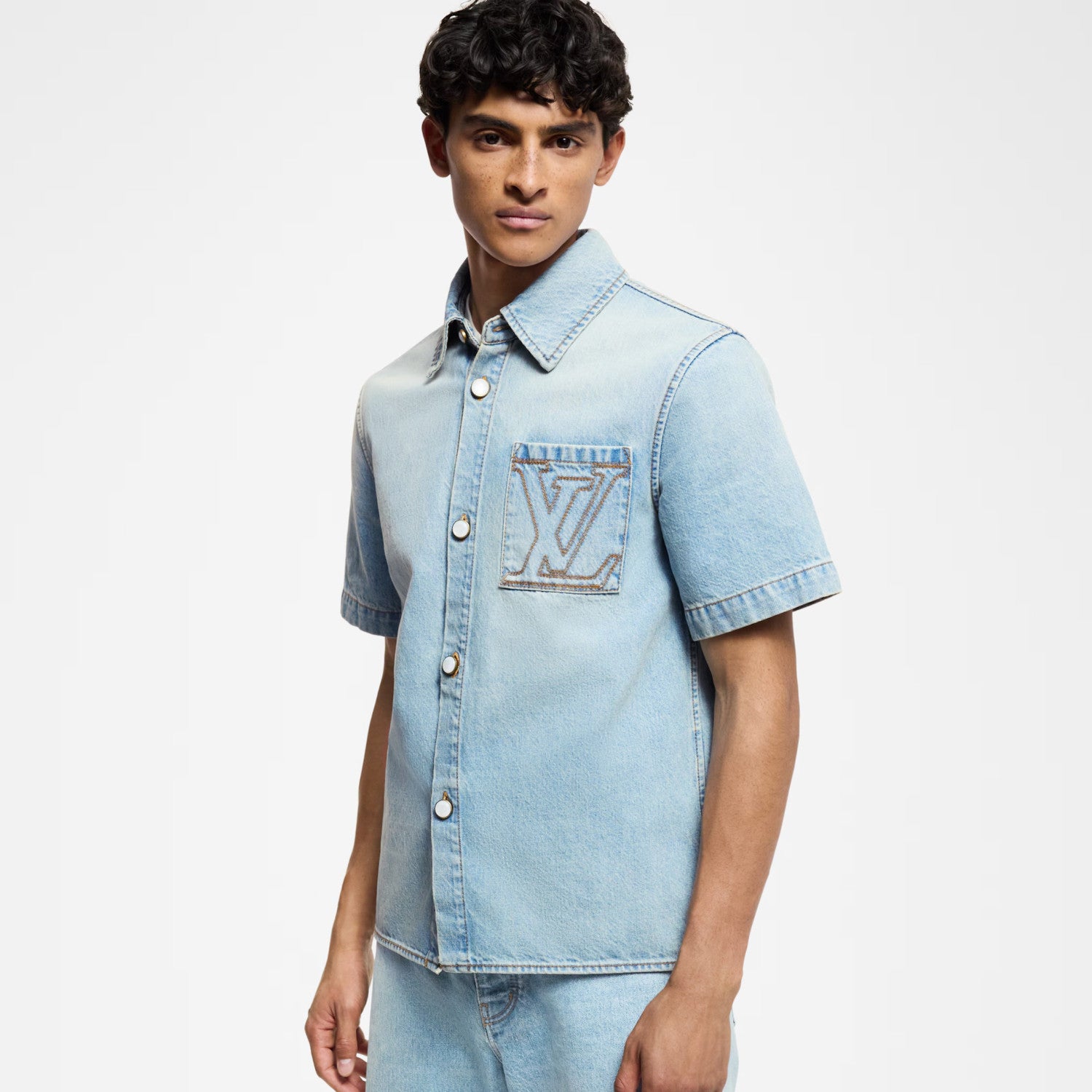 Louis Vuitton Men's Summer Blue Logo Letter Printed Pocket Single Breasted Short Sleeve Denim Shirt #74716