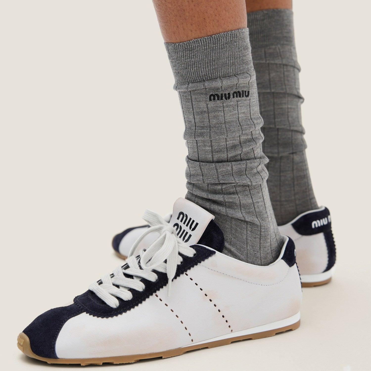 MiuMiu Women's Plume Nappa Leather and Suede Sneakers Four Seasons Round Toe Lace Up Solid Color Low Derby Shoes Casual Shoes #81347