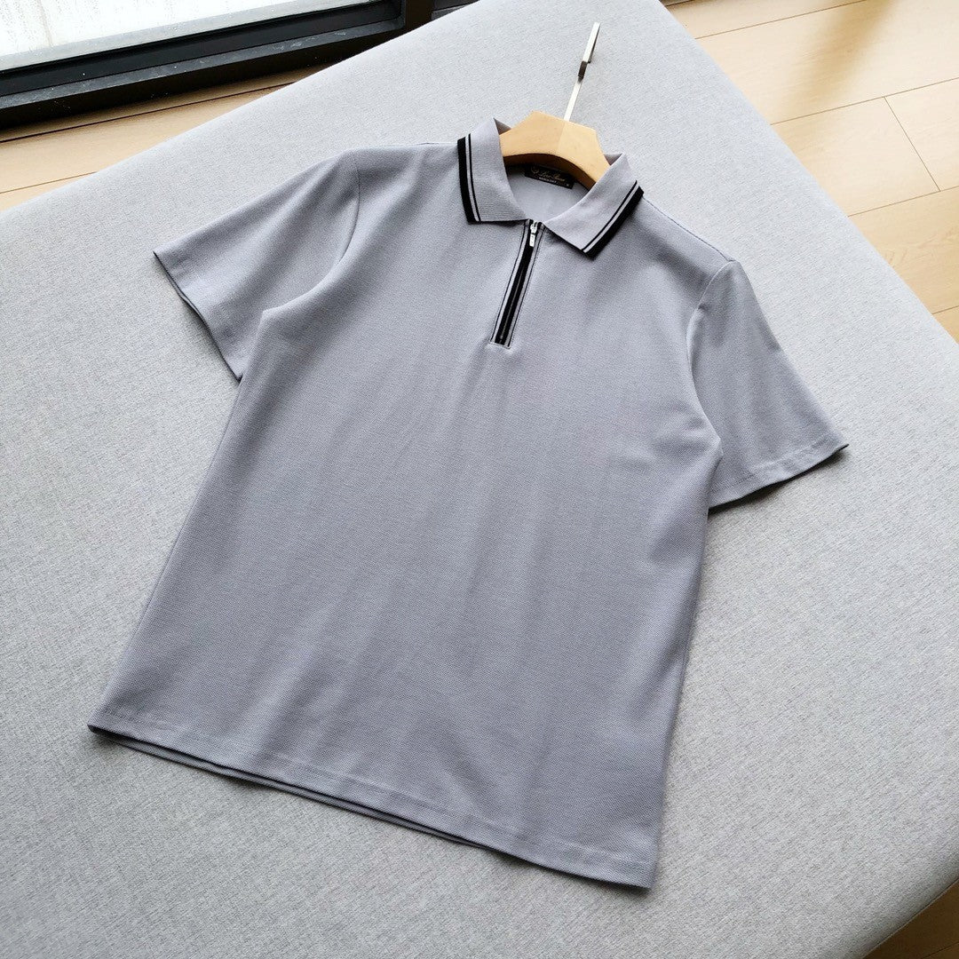 Loro Piana Men's Summer Fashion Solid Color Zip Lapel Zip Regatta Men's Short Sleeve Fitted Polo Shirt Ngvp #8591